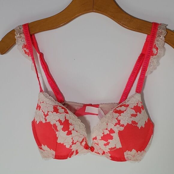 Victoria's Secret Very Sexy Push-Up Lace Bra Bright Pink Off White Floral 32C - Picture 1 of 9